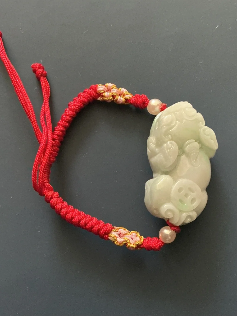 Red Cord Bracelet with Pale Green Jade Pixiu Charm
